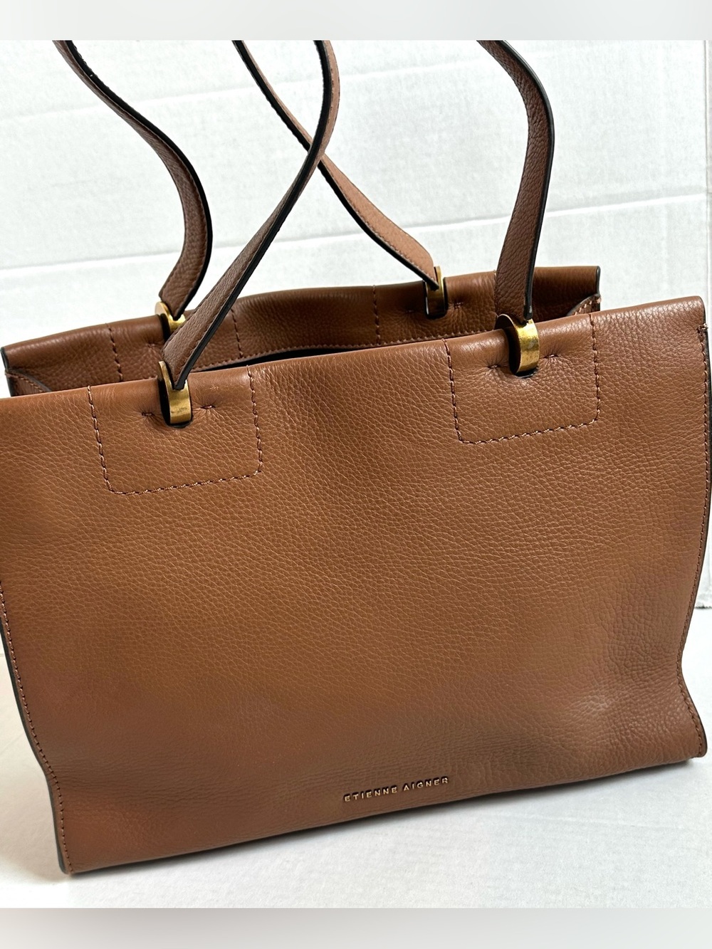 Etienne Aigner Toffee Brown Pebble Leather Gold Hardware Square Classic Tote Bag